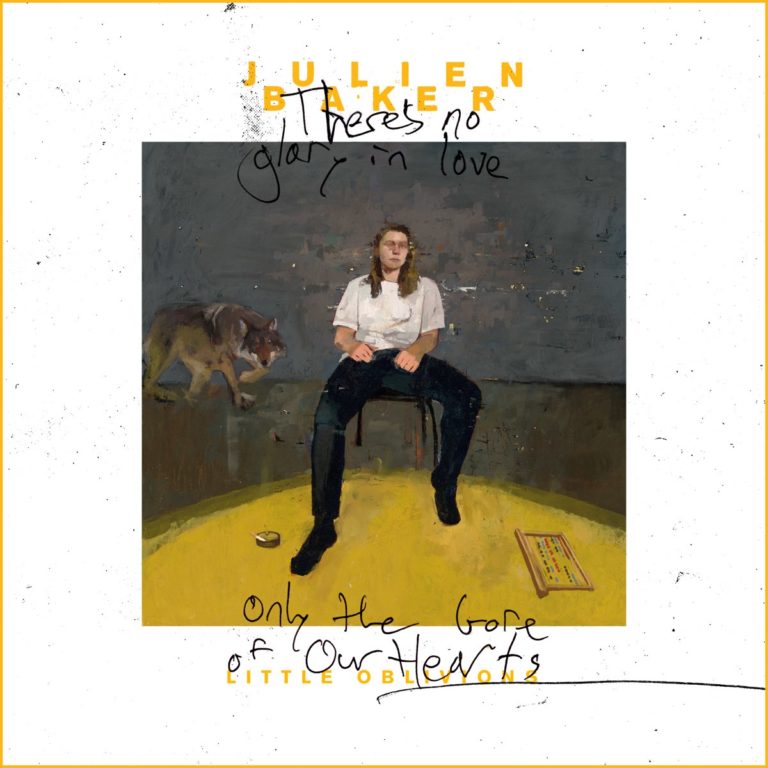 Gemaltes Cover: Julien Baker sitzt auf einem gelben Stuhl in einem düsteren Raum mit Wolf im Hintergrund. Gekritzelte Schrift über dem Bild, melancholisch und roh.
