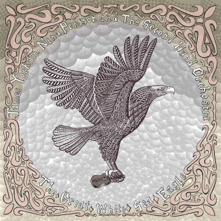 Cover des Albums „The Great White Sea Eagle“ mit gezeichnetem Adler im Flug, umgeben von ornamentalen Rändern – poetisch, folkig und naturverbunden.