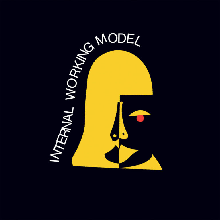 Cover zu „Internal Working Model“ von Liela Moss: stilisierte gelbe Figur mit gespaltenem Gesicht auf schwarzem Hintergrund, minimalistisch und symbolisch.