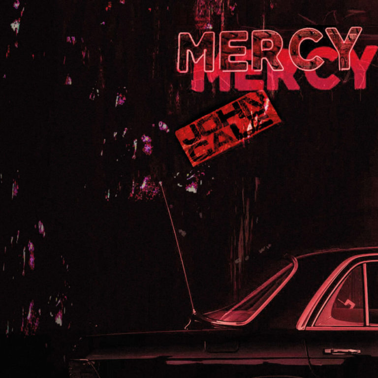 Albumcover von „Mercy“ von John Cale mit düsterem Farbschema, rotem Schriftzug und abstrakter Autodetail-Ästhetik im Noir-Stil.