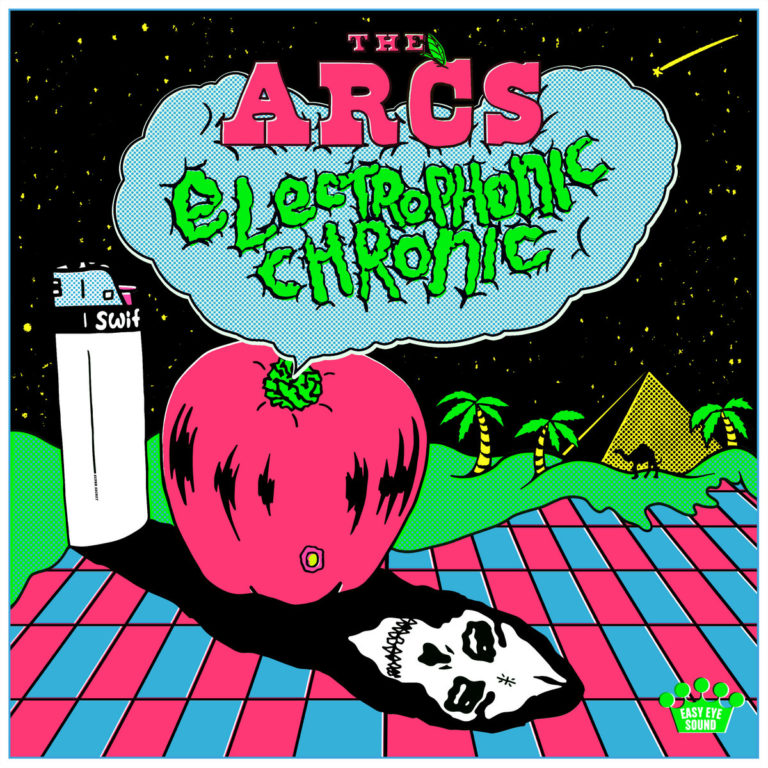 Cover von „Electrophonic Chronic“ von The Arcs mit Comic-Ästhetik: rosa Tomate, Schädel-Schatten, Palmen, Pyramiden und 80er-Muster vor Sternenhimmel