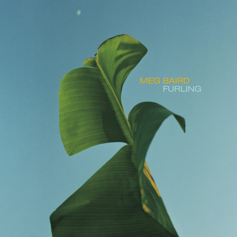 Cover des Albums „Furling“ von Meg Baird: Eine große grüne Blattstruktur vor wolkenlosem blauen Himmel mit kleinem Mond