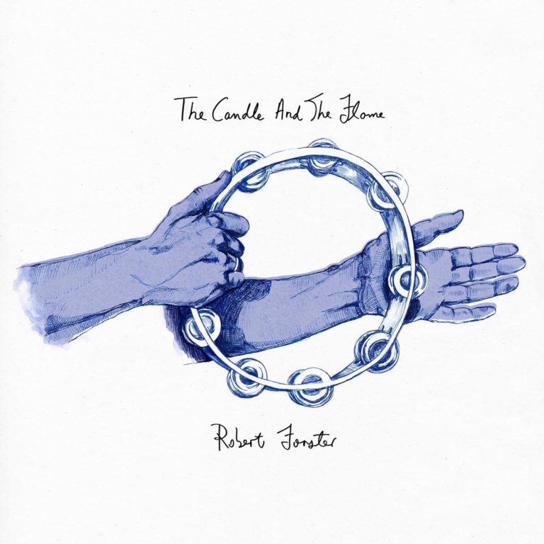 Illustration des Albumcovers „The Candle and the Flame“ von Robert Forster mit zwei gezeichneten Händen, die ein Tamburin halten