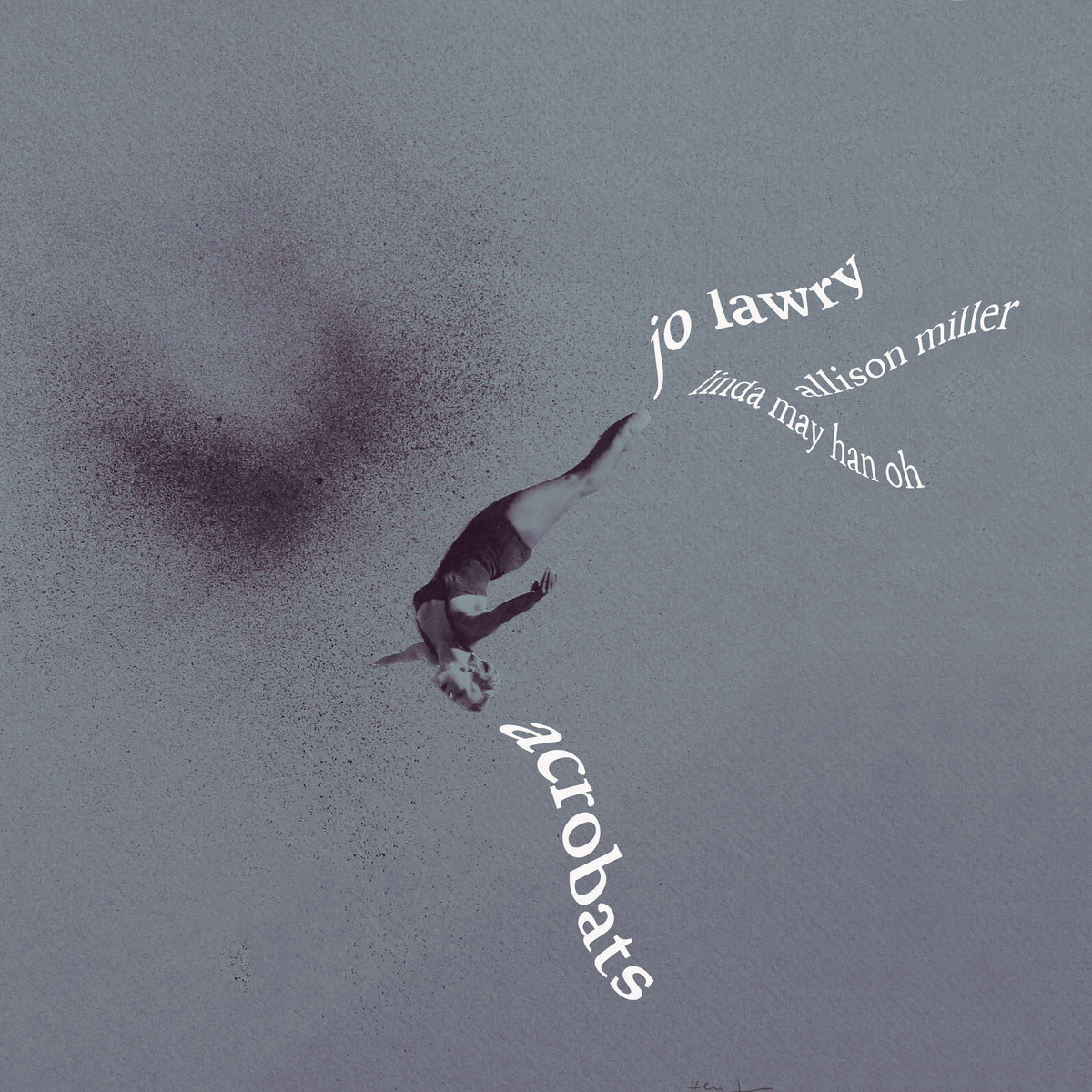 Cover von „Acrobats“ von Jo Lawry: Eine Turnerin in der Luft, schwebend auf monochromem Hintergrund, begleitet von wellenförmig gesetztem Schriftzug in Weiß.