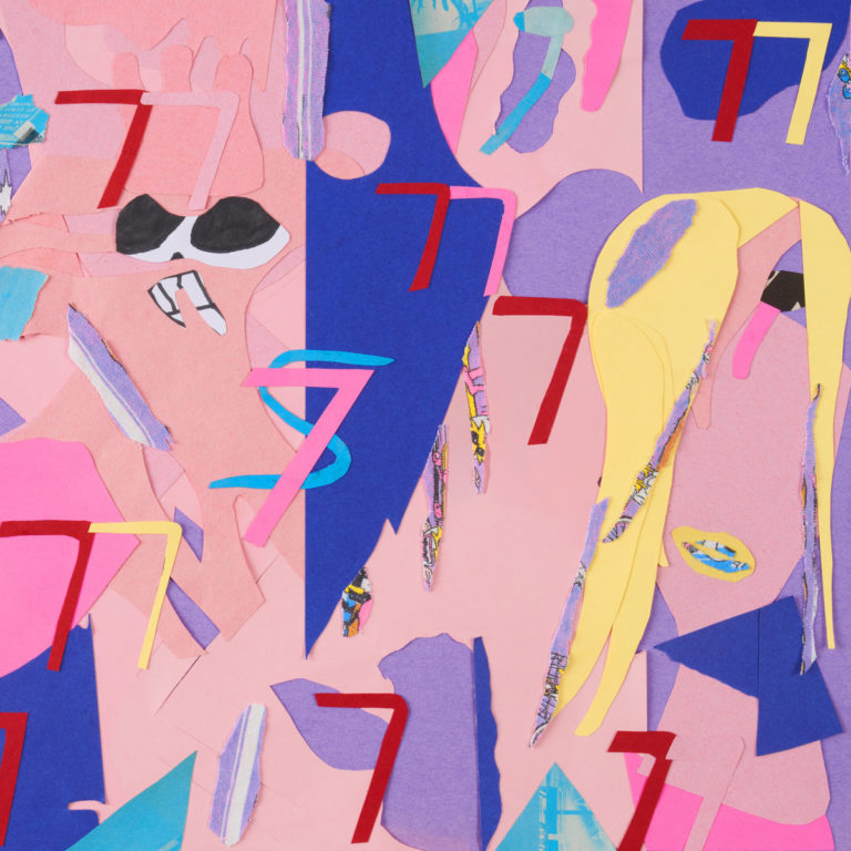 Buntes, collageartiges Albumcover von Avey Tare – „7s“ zeigt eine chaotisch-psychedelische Anordnung aus Papierschnipseln, Zahlen und grellen Farben.