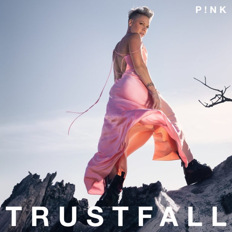 Cover des Albums „Trustfall“ von P!nk mit der Sängerin in einem wehenden rosa Kleid auf felsigem Gelände, den Himmel im Rücken – kraftvoll und verletzlich zugleich.