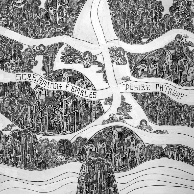 Schwarz-weißes, detailreich gezeichnetes Albumcover von Screaming Females' "Desire Pathway" mit labyrinthartigen Formen und schwebendem Schriftband.