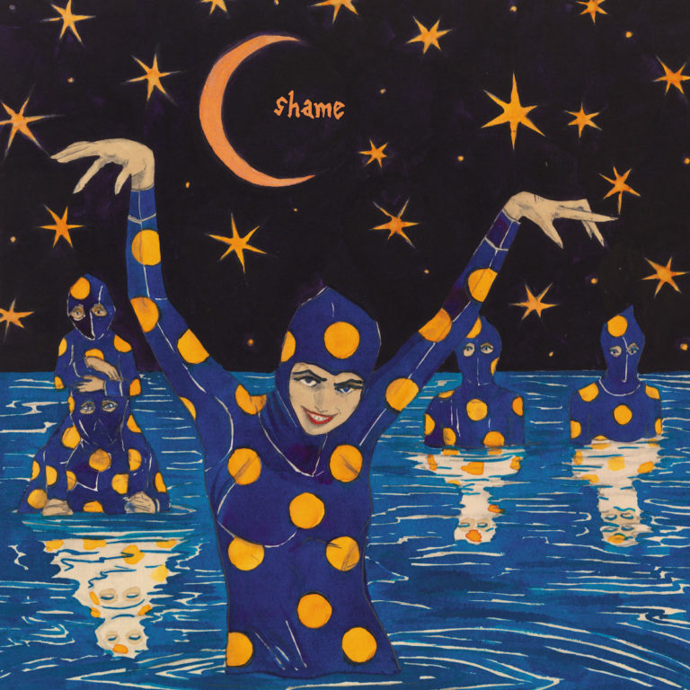 Illustration: Figuren in blauen Anzügen mit gelben Punkten steigen aus Wasser, darüber Sterne und Sichelmond – Cover des Albums „Food for Worms“ von shame.