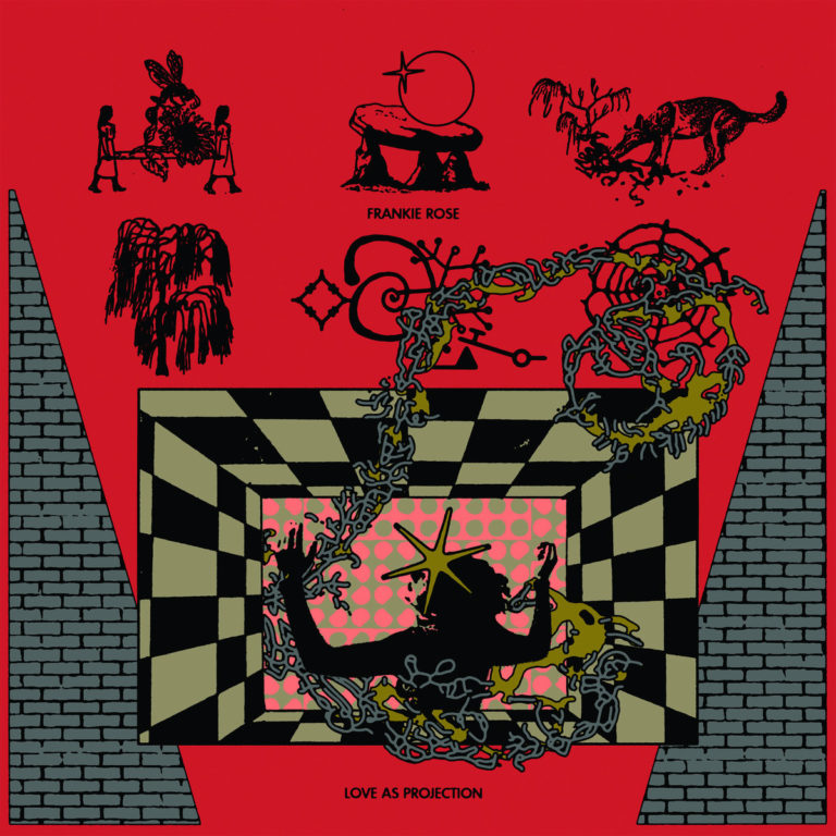 Cover von „Love As Projection“ von Frankie Rose: surrealer Grafikstil auf rotem Grund, mit Schachbrettmuster, Dornenranken und mythischen Symbolen.