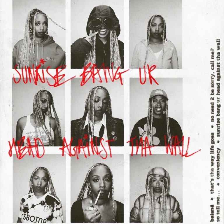 Cover der EP „Sunrise Bang Ur Head Against Tha Wall“ von Nia Archives mit neun Fotoporträts der Künstlerin in verschiedenen Outfits, rotem Graffiti-Schriftzug.