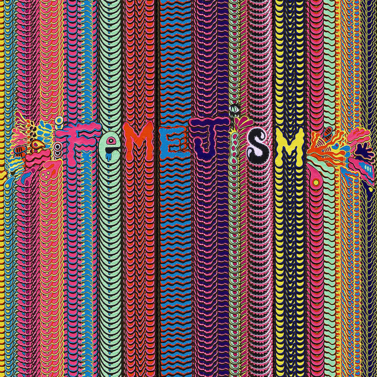 Buntes, psychedelisches Muster mit dem Wort Femejism in der Mitte.