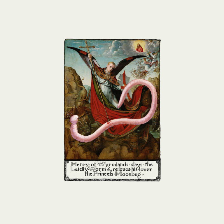 Albumcover von "The Worm" von HMLTD zeigt eine mittelalterlich inspirierte Szene mit einem rosa Wurm, montiert auf ein klassisches Gemälde mit Texttafel.