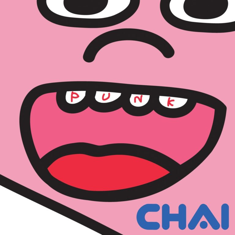 Illustration eines lächelnden Gesichts mit dem Wort Punk auf den Zähnen und dem CHAI-Logo.