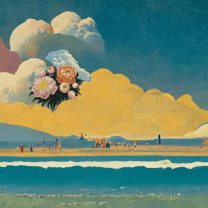 Albumcover von "Exotico" von Temples mit retro-futuristischem Strandpanorama, bunten Wolken und einem schwebenden Blumenstrauß am Himmel.