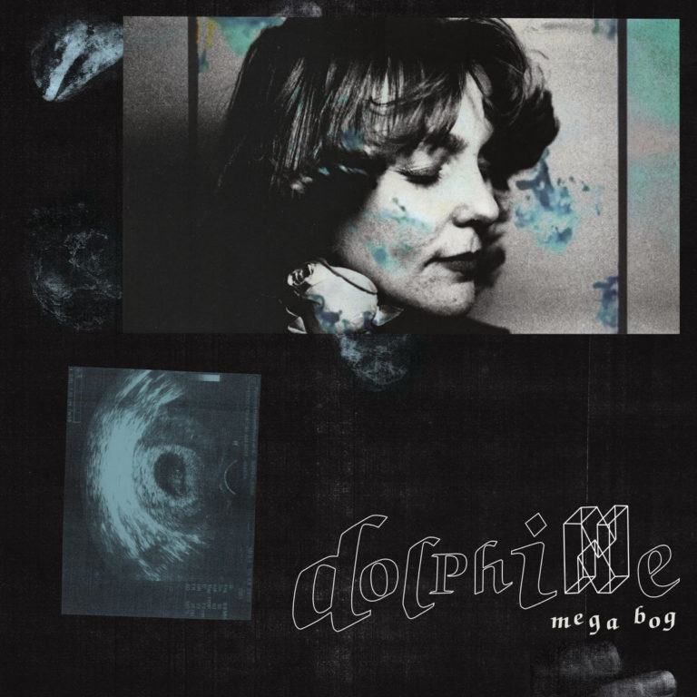 Schwarz-weißes Porträt einer Frau mit geschlossenen Augen, umgeben von abstrakten Formen und dem Albumtitel Dolphine.
