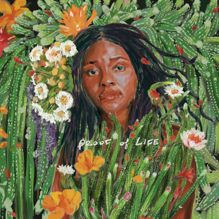 Gemaltes Albumcover von Joy Oladokun mit floralen und kakteenartigen Elementen – ihr Gesicht ist umrahmt von bunten Blumen und grünen Stängeln.