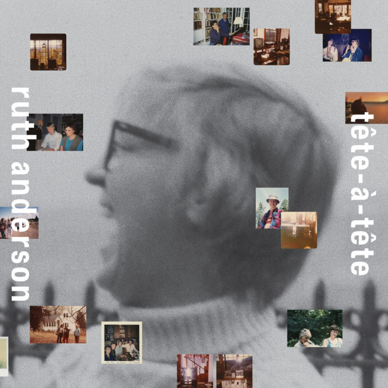 Albumcover zu „Tête-à-Tête“ mit verschwommenem Schwarz-Weiß-Porträt von Ruth Anderson und verstreuten Farbfotografien aus ihrem Leben.
