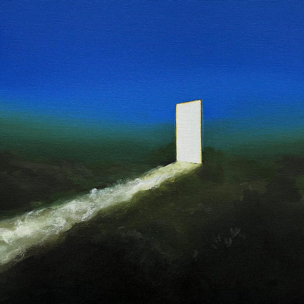 Gemälde eines weißen, leuchtenden Türrahmens inmitten dunkler Landschaft unter klarem, blauen Himmel – Cover von Cloths „Secret Measure“.