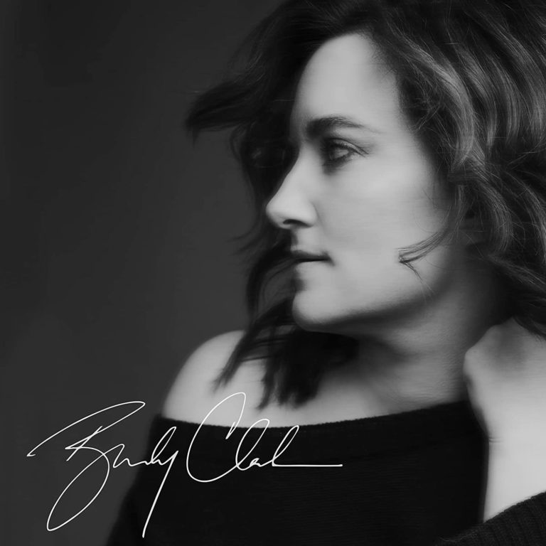 Schwarz-weißes Porträt von Brandy Clark im Profil mit fließendem Haar und offener Schulter, darunter ihre Signatur als Albumtitel.