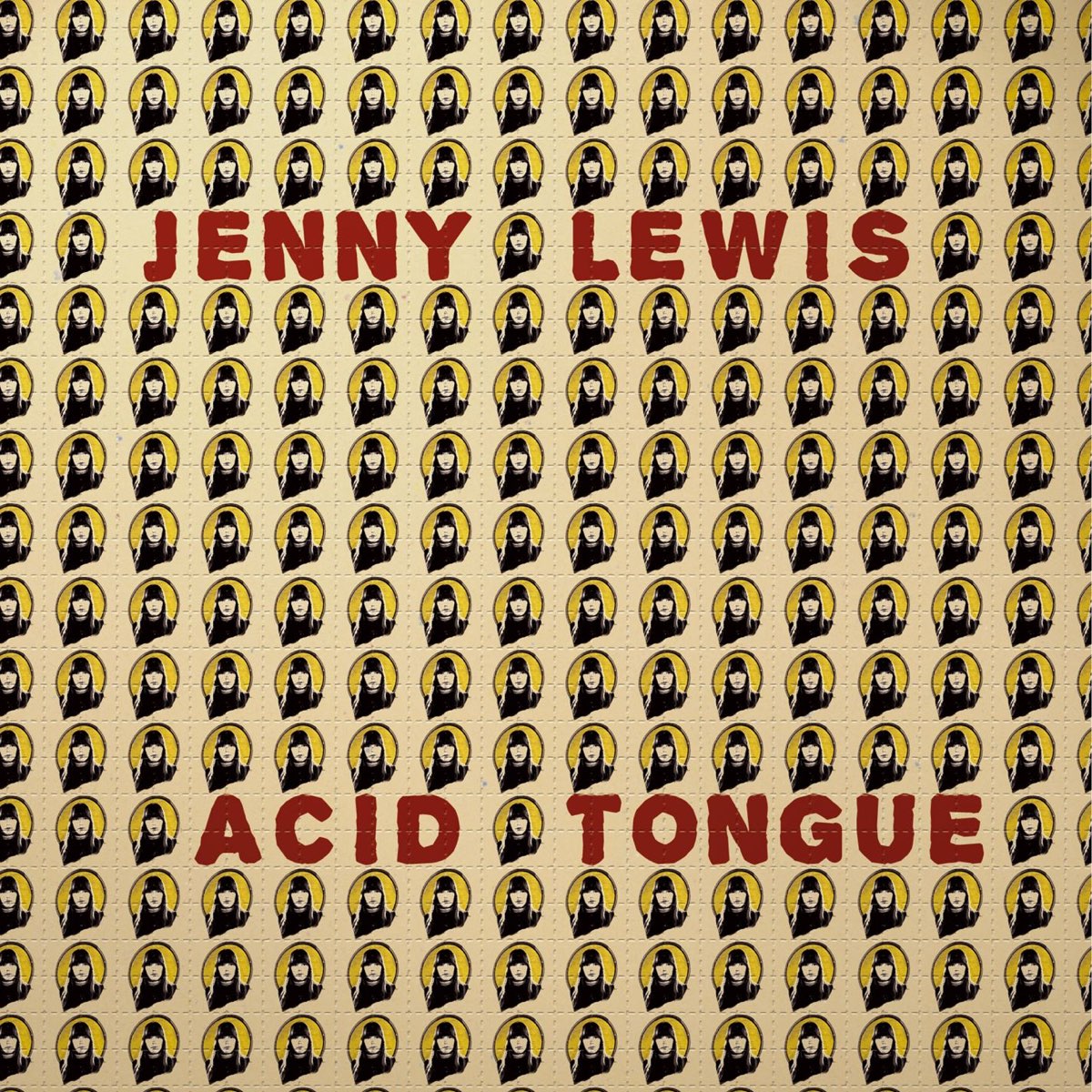 Albumcover von Acid Tongue von Jenny Lewis mit Retro-Muster und Porträts der Sängerin – grafisch verspielt, stilistisch retro-modern.