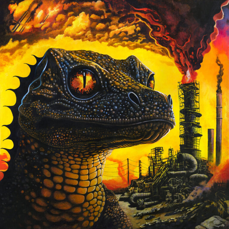Apokalyptisches Cover von „PetroDragonic Apocalypse“ – gigantische Echse vor brennender Raffinerie, düstere Endzeitfarben in Gelb, Rot und Schwarz.