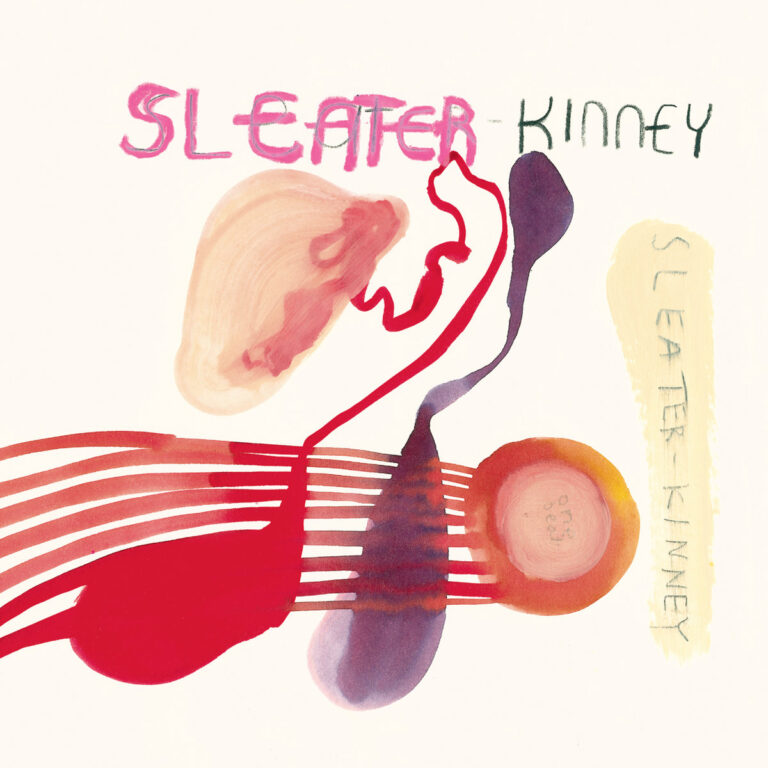 Abstrakte, farbenfrohe Linien und Formen mit dem Schriftzug Sleater-Kinney.