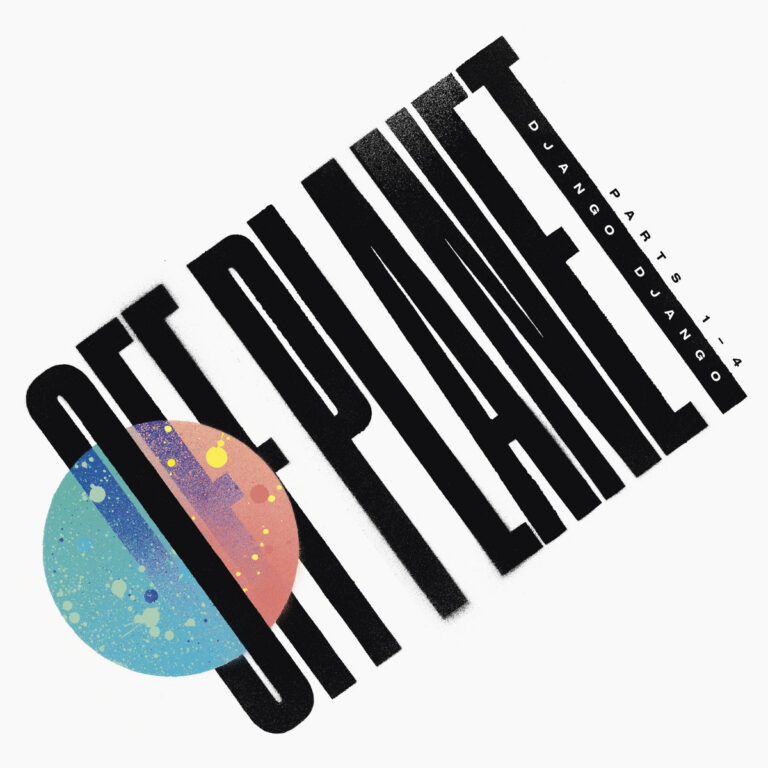 Cover von „Off Planet“: Schräg gesetzter Schriftzug auf weißem Hintergrund, durchzogen von einem bunten, gesprenkelten Kreis, typografisch kühn gestaltet.