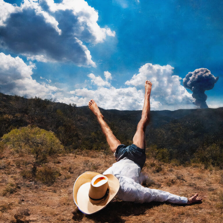 Surreales Cover des Albums „3D Country“ von Geese: eine Figur mit Cowboyhut fällt rücklings auf trockenes Gras, während am Horizont eine Explosion aufsteigt.