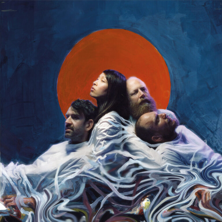 Cover des Albums „Slugs of Love“ von Little Dragon: Vier Bandmitglieder in weißen Gewändern vor abstraktem roten Kreis auf dunkelblauem Hintergrund, malerisch verzerrt.