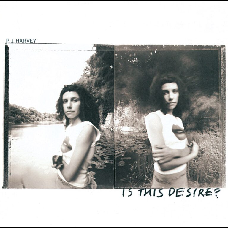 Zwei Schwarz-Weiß-Fotografien von PJ Harvey vor einer natürlichen Kulisse mit Wasser und Bäumen.
