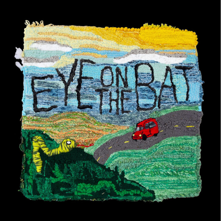 Albumcover von Palehounds „Eye on the Bat“ mit gestickter Landschaft, rotem Van auf Landstraße und gelber Raupe, handgemacht auf buntem Textiluntergrund.
