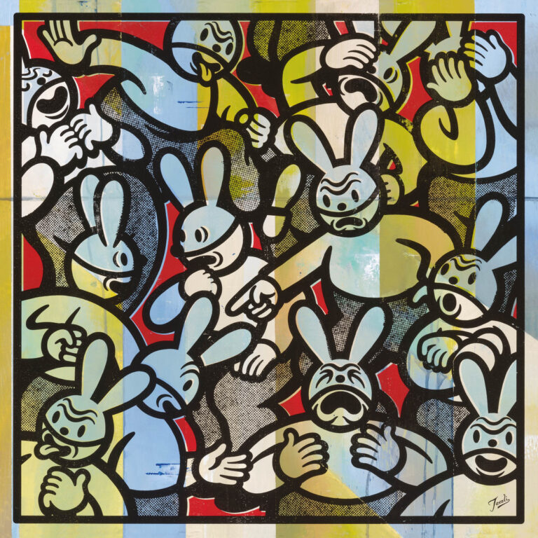 Albumcover mit bunter Illustration im Comicstil: Mehrere Figuren mit Hasenohrenmasken in Blau, Gelb und Weiß gestikulieren wild, lachen, zeigen oder verbergen ihr Gesicht.