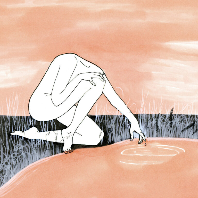 Abstrakte Zeichnung einer nackten Figur, die über Wasser kniet und mit dem Finger die Oberfläche berührt.