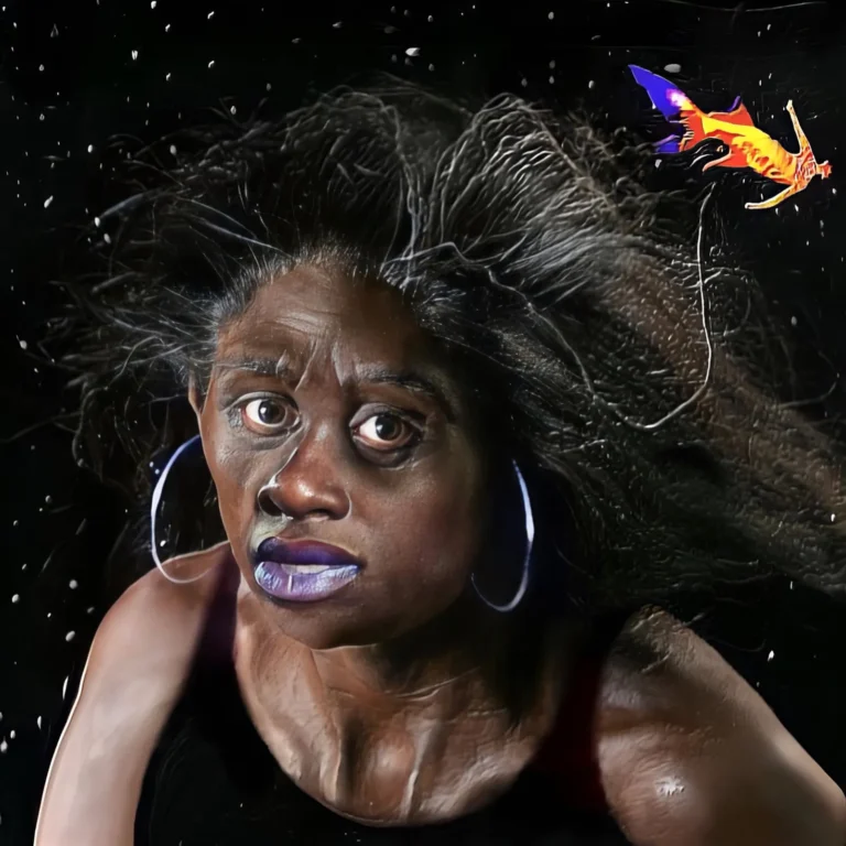 Surreales Albumcover von Nonames „Sundial“ mit expressivem Porträt einer Frau im All, umgeben von fliegendem Haar und einem orange-violetten Fisch.