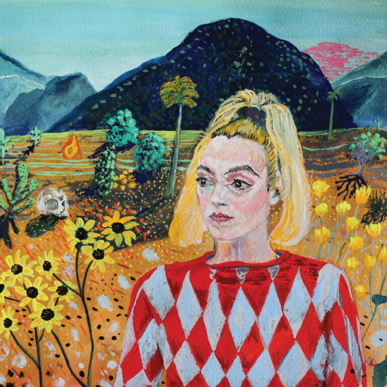 Gemaltes Albumcover von Wicked Jaw mit einer Frau im rot-weiß karierten Oberteil vor surrealer Landschaft aus Bergen, Blumen, Palmen und einem Totenschädel – leuchtend, symbolisch und introspektiv.
