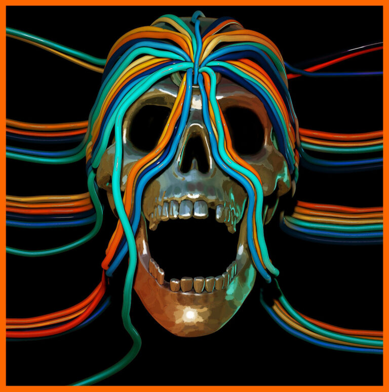 Ein glänzender Totenschädel mit weit geöffnetem Mund, aus dem bunte Kabel wie Haare sprießen – Albumcover von OSEES „Intercepted Message“ mit schwarzem Hintergrund und oranger Umrandung.