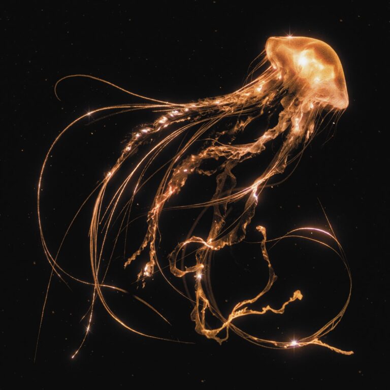 Leuchtende goldene Qualle in dunklem Wasser, symbolisch für das Album „Back To The Water Below“ von Royal Blood.