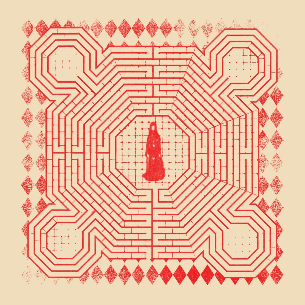 Cover des Albums „everything is alive“ von Slowdive: Rotes Labyrinth mit zentraler, robenhaften Figur auf beigem Hintergrund, von Rautenmuster umrahmt.