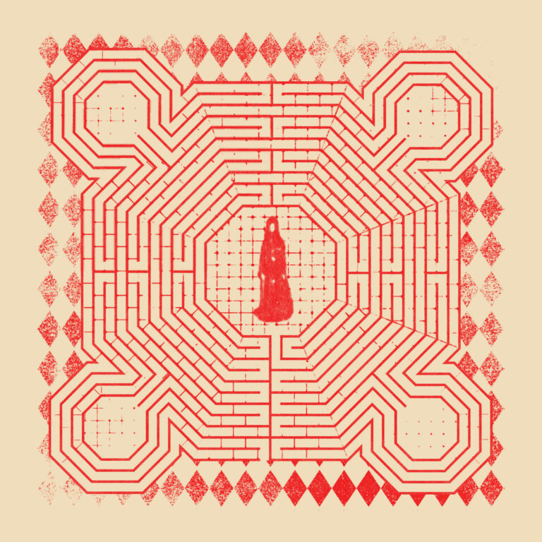 Cover des Albums „everything is alive“ von Slowdive: Rotes Labyrinth mit zentraler, robenhaften Figur auf beigem Hintergrund, von Rautenmuster umrahmt.