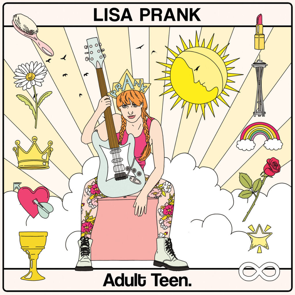 Illustration einer Frau mit Gitarre, umgeben von Symbolen wie Sonne, Blume und Regenbogen.