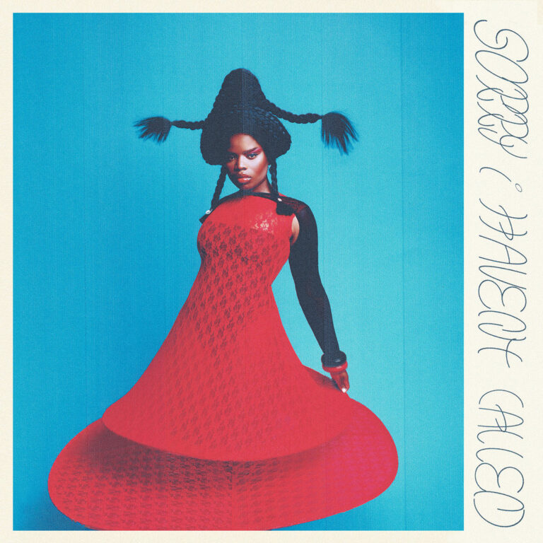 Albumcover von Vagabon – Sorry I Haven’t Called: Die Künstlerin posiert im roten Kleid mit avantgardistischer Frisur vor blauem Hintergrund.