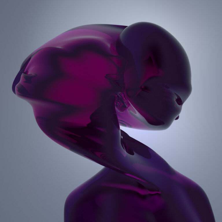 Abstrakte, dunkelviolette 3D-Form in organischer Gestalt, die an eine verschmolzene Figur erinnert. Die transluzente Oberfläche glänzt weich, im Hintergrund ein sanftes Licht von oben.