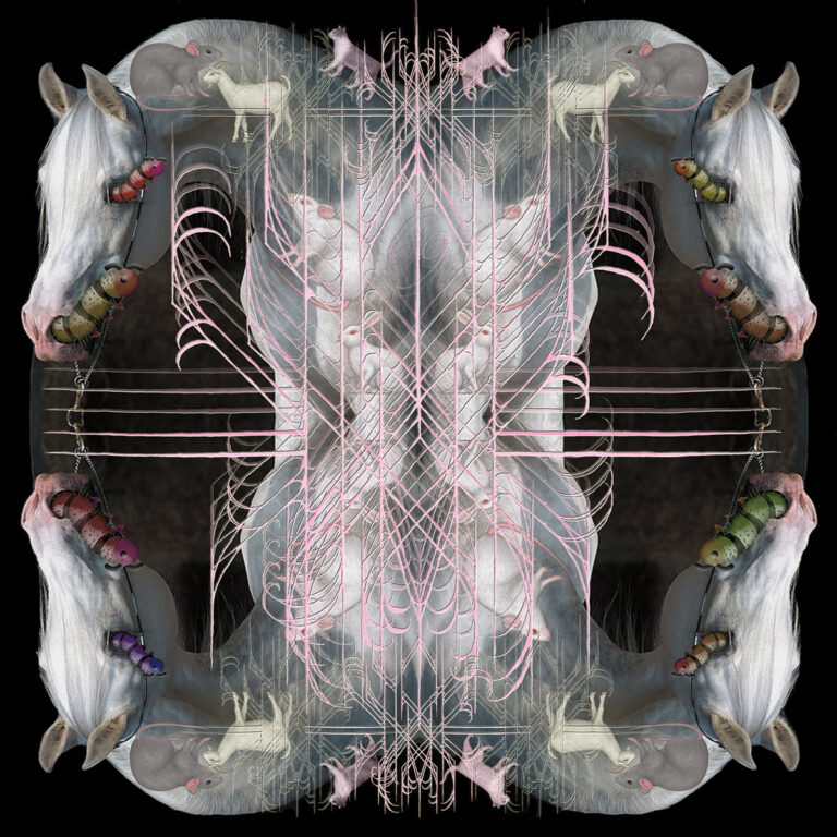 Surrealistisches Cover mit Pferden, Insekten und symmetrischen Mustern