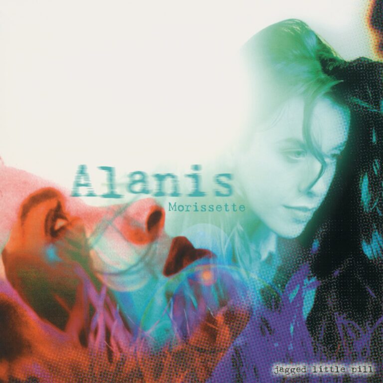 Porträt von Alanis Morissette in bunten Farben mit Albumtitel Jagged Little Pill.