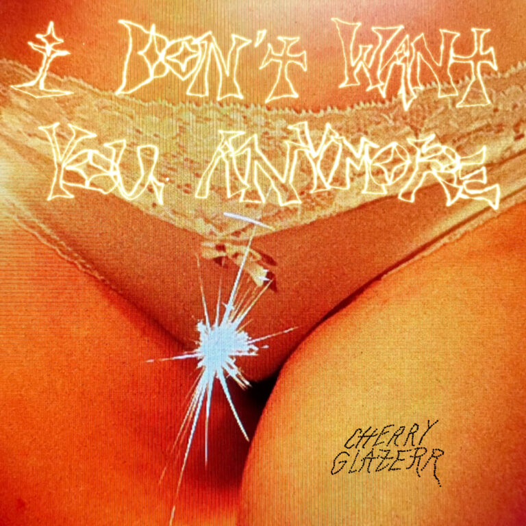 Albumcover zu „I Don’t Want You Anymore“ von Cherry Glazerr – Nahaufnahme eines Körperausschnitts mit Spitze und Glassplitter-Ästhetik in Neon-Optik.
