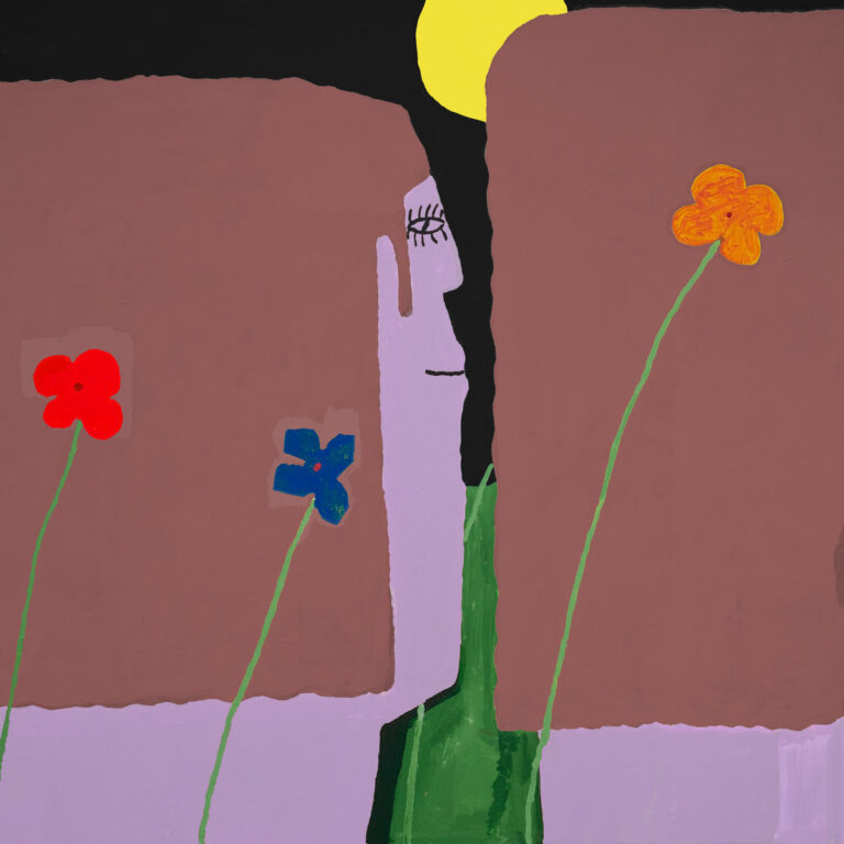 Albumcover zu „Yard“ von Slow Pulp – stilisierte Zeichnung zweier Gesichter zwischen Häuserblöcken mit bunten Blumen und dunklem Nachthimmel.