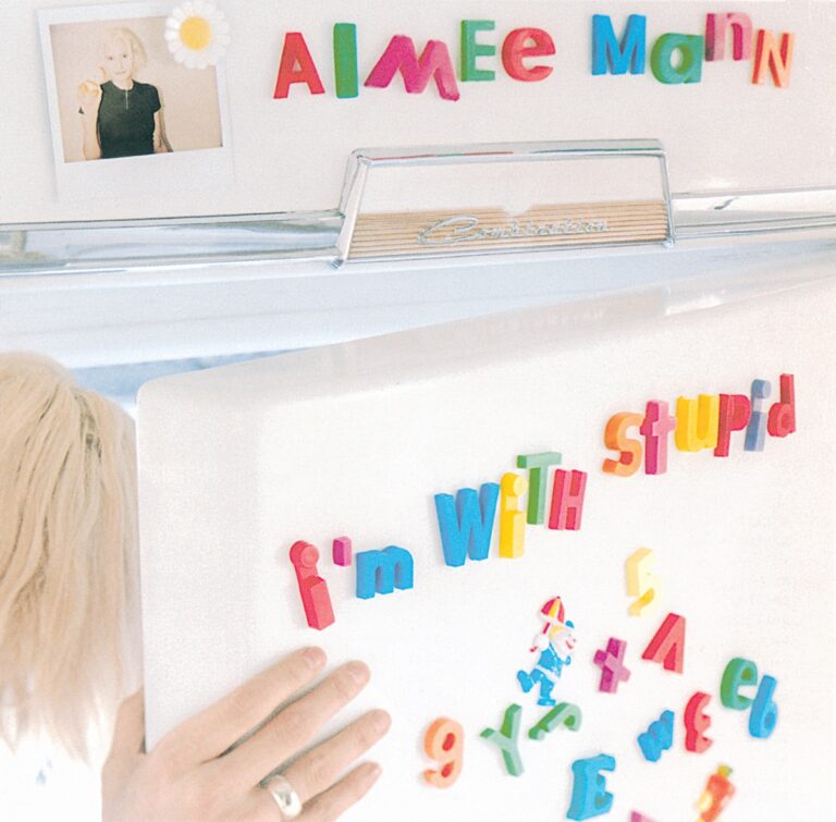 Bunte Magnetbuchstaben formen den Albumtitel auf einem Kühlschrank.