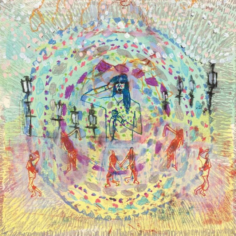Buntes, psychedelisches Cover mit kreisförmigem Muster, Frauenfiguren und einer Figur mit Vogelmaske – Artwork zum Album „Crazymad, For Me“ von CMAT.