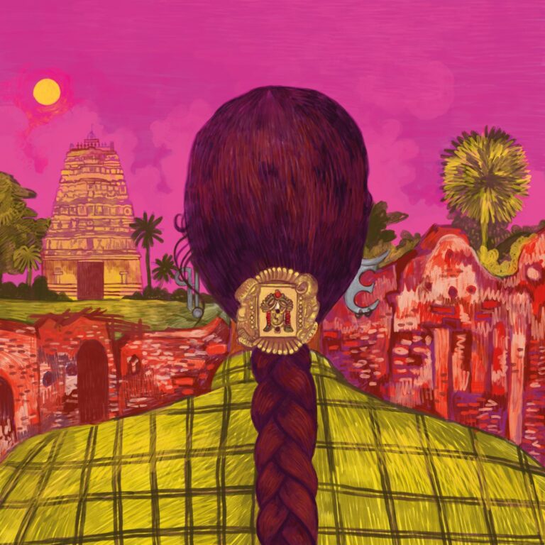 Illustration mit Rückansicht einer Frau im karierten Gewand, die auf einen südindischen Tempel blickt – Cover zum Album „Santhosam“ von Priya Ragu.