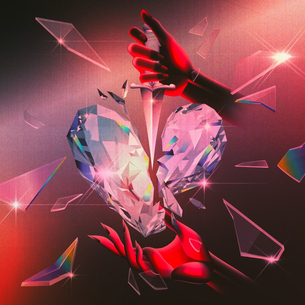 Digitales Artwork mit einem gespaltenen Diamantherz, durchstochen von einem Dolch – visuell dramatisches Covermotiv zu Hackney Diamonds von den Rolling Stones.